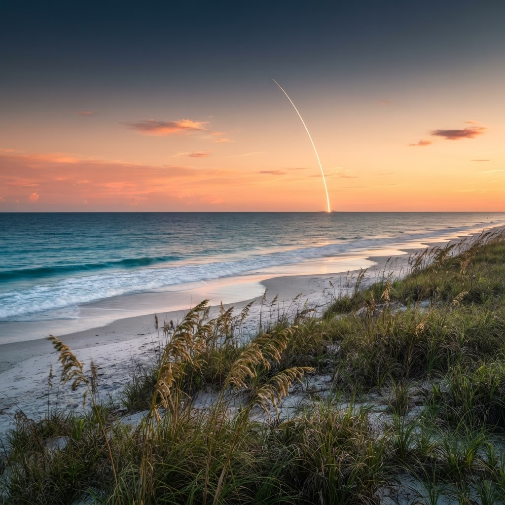 A quiet Space Coast beach at dusk with a launch trail rising over the Atlantic horizon